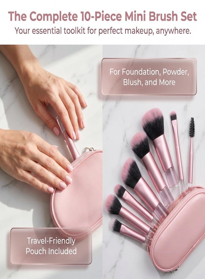 tokerut 10 Pcs Mini Travel Makeup Brush Set with Pouch, Pink Portable Cosmetic Brushes for Foundation, Powder, Blush, Eyeshadow, Eyebrow and Mascara, Small Makeup Brushes Travel Kit for Women and Girls - Image 3
