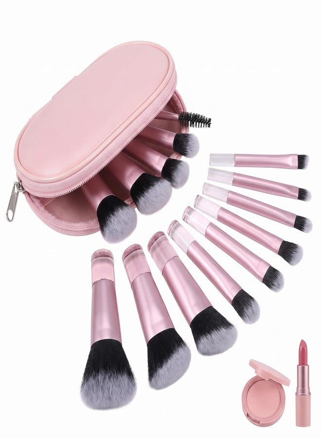 tokerut 10 Pcs Mini Travel Makeup Brush Set with Pouch, Pink Portable Cosmetic Brushes for Foundation, Powder, Blush, Eyeshadow, Eyebrow and Mascara, Small Makeup Brushes Travel Kit for Women and Girls - Image 1