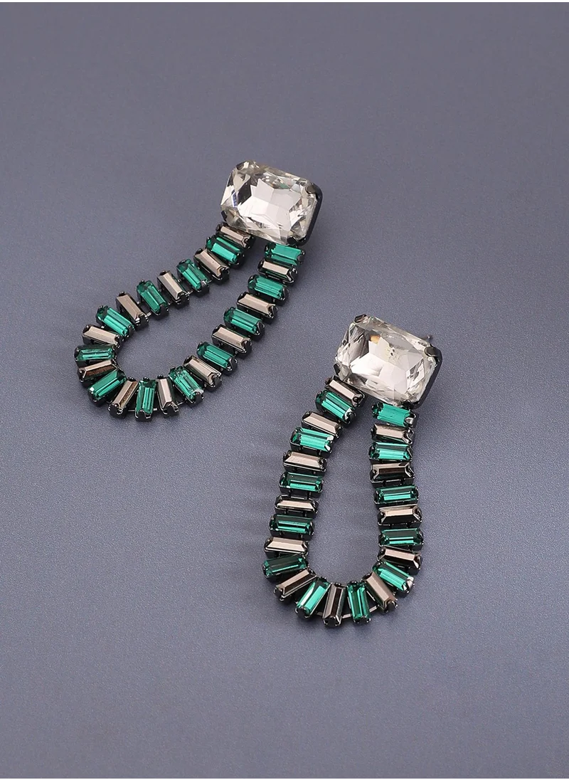 SOHI Rhinestone Curve Drop Earrings - Green