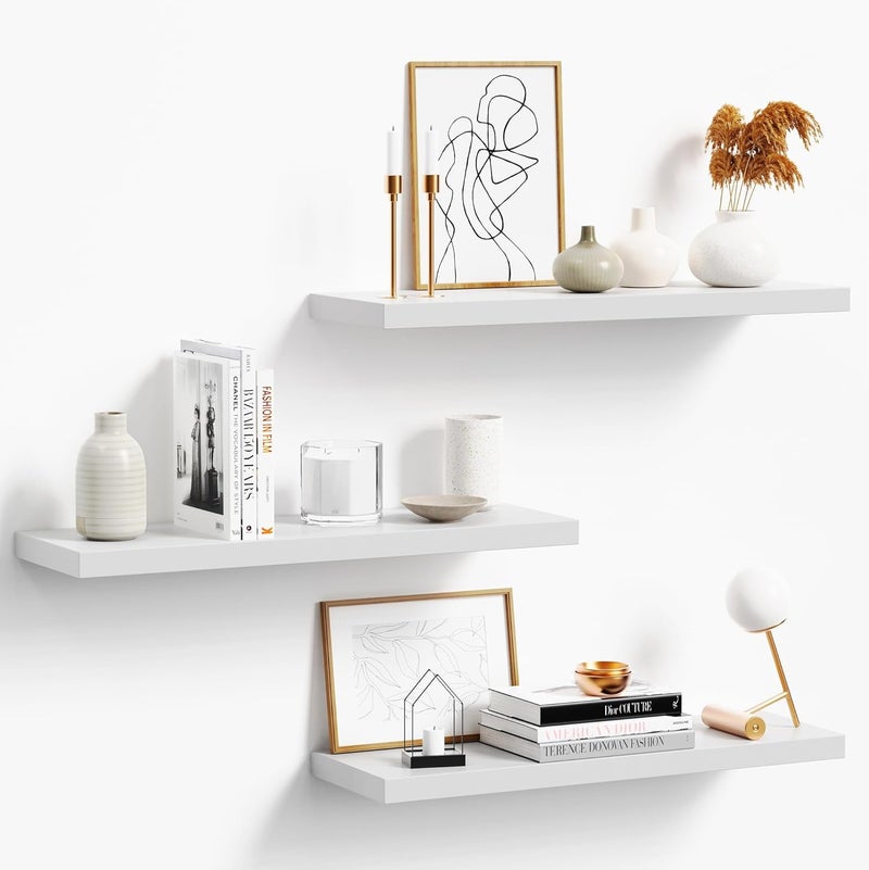 oridom Floating Shelves for Wall, White Wood Wall Shelf Set of 3, 24" Wall Mounted Floating Shelf for Kitchen - Image 1