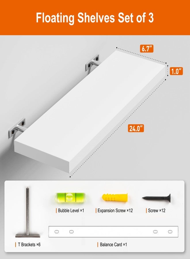 oridom Floating Shelves for Wall, White Wood Wall Shelf Set of 3, 24" Wall Mounted Floating Shelf for Kitchen - Image 3