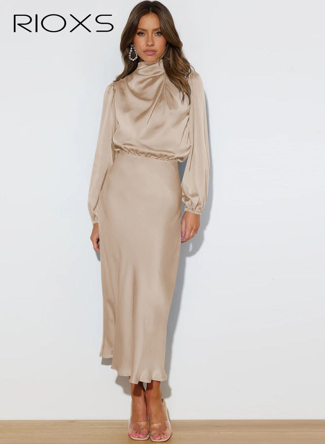 ريوكس فستان ساتان أنيق للنساء بأكمام طويلة، رقبة وهمية، خصر مطاطي، مناسب لحفلات الكوكتيل وحفلات الزفاف، فساتين متوسطة الطول - Image 1