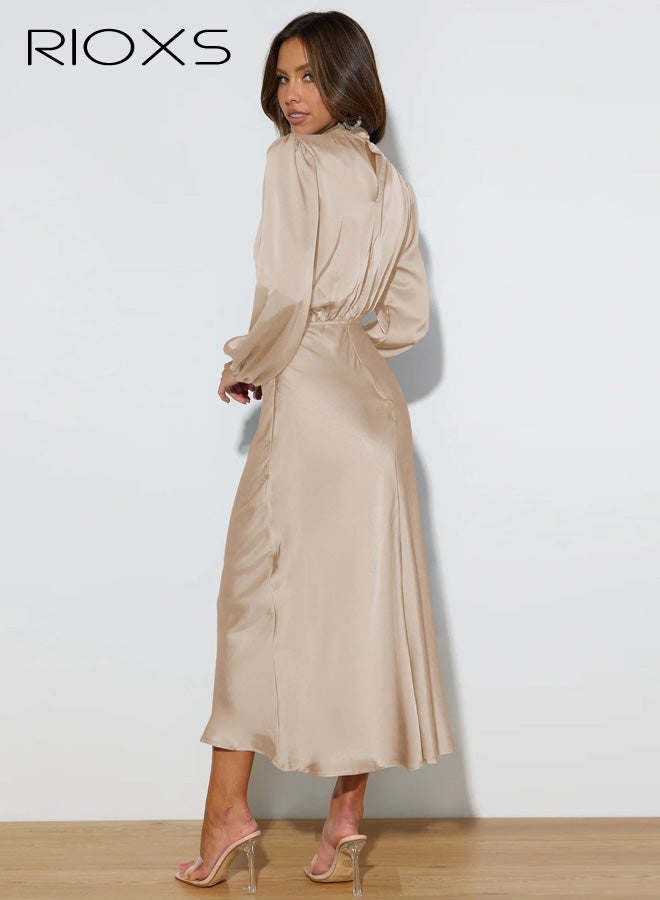 ريوكس فستان ساتان أنيق للنساء بأكمام طويلة، رقبة وهمية، خصر مطاطي، مناسب لحفلات الكوكتيل وحفلات الزفاف، فساتين متوسطة الطول - Image 5