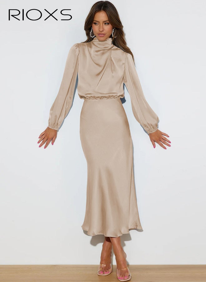 ريوكس فستان ساتان أنيق للنساء بأكمام طويلة، رقبة وهمية، خصر مطاطي، مناسب لحفلات الكوكتيل وحفلات الزفاف، فساتين متوسطة الطول - Image 2
