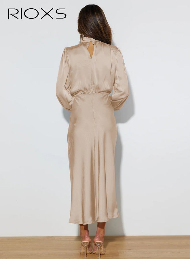 ريوكس فستان ساتان أنيق للنساء بأكمام طويلة، رقبة وهمية، خصر مطاطي، مناسب لحفلات الكوكتيل وحفلات الزفاف، فساتين متوسطة الطول - Image 4