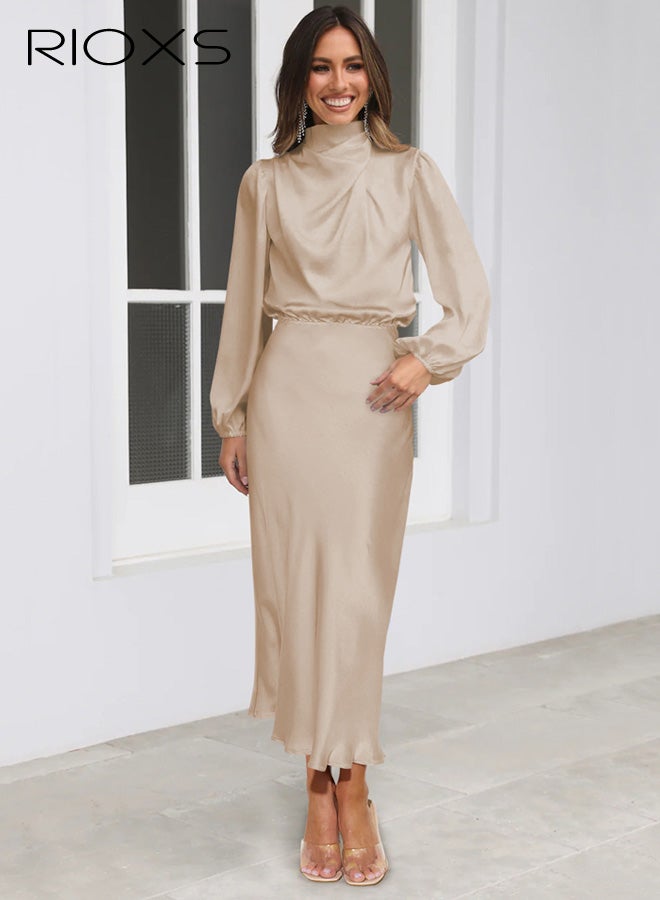 ريوكس فستان ساتان أنيق للنساء بأكمام طويلة، رقبة وهمية، خصر مطاطي، مناسب لحفلات الكوكتيل وحفلات الزفاف، فساتين متوسطة الطول - Image 3