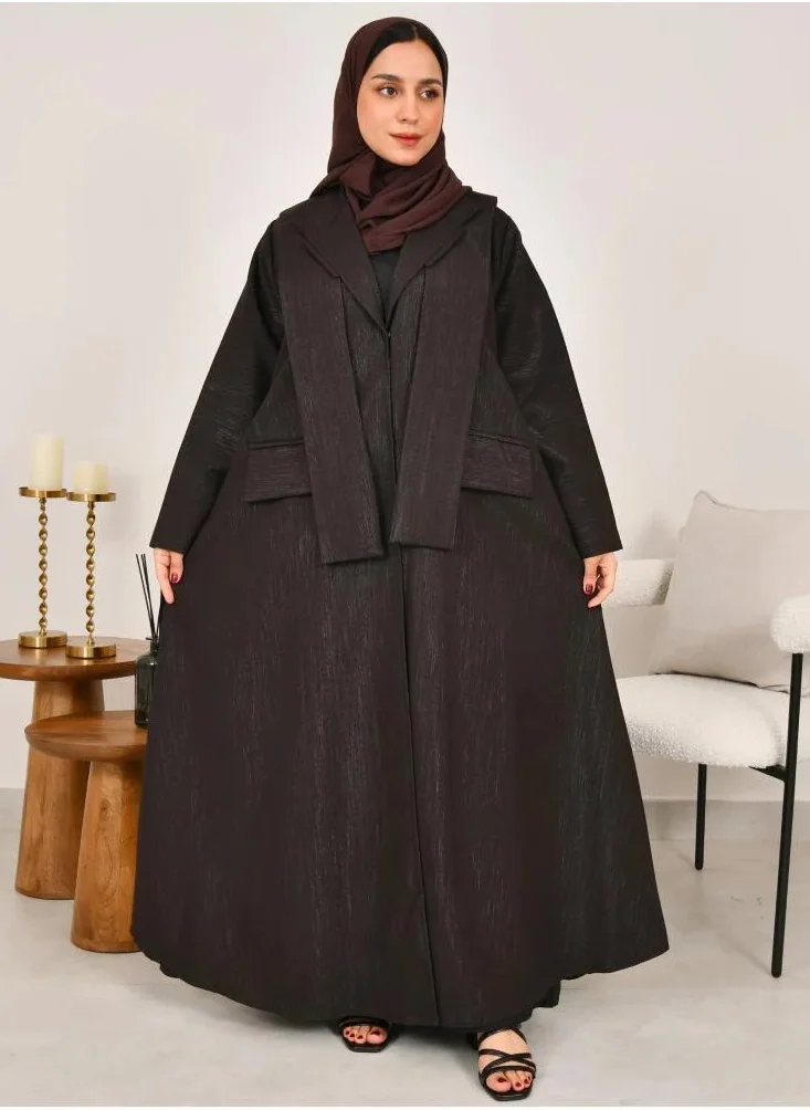 lamha abaya Dark brown blazer abaya with snap closure and distinctive design at the collar with front pockets