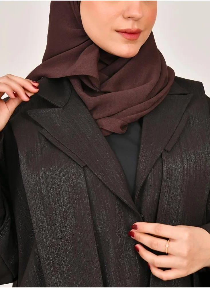 lamha abaya Dark brown blazer abaya with snap closure and distinctive design at the collar with front pockets