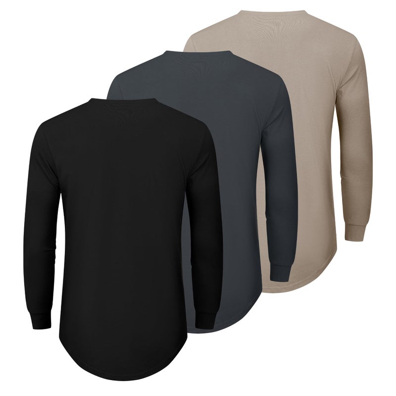TEZO Mens 3 Pack Cotton Plain T Shirts Crew Neck Long Sleeve Casual Tee Shirts Hipster Hip Hop Longline Droptail Shirt(BKDGKA L) - Image 4
