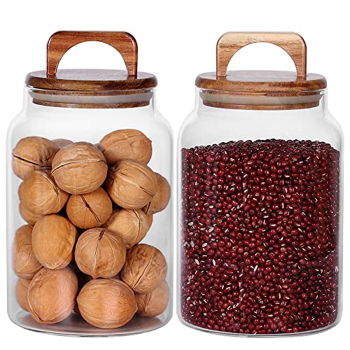 SAIOOL Canister Set of 2, Glass Kitchen Canisters with Airtight Acacia Lid, Tall Clear Airtight Food Storage Jar, Kitchen Pantry Storage Container for Noodles Flour Cereal Coffee - Image 1