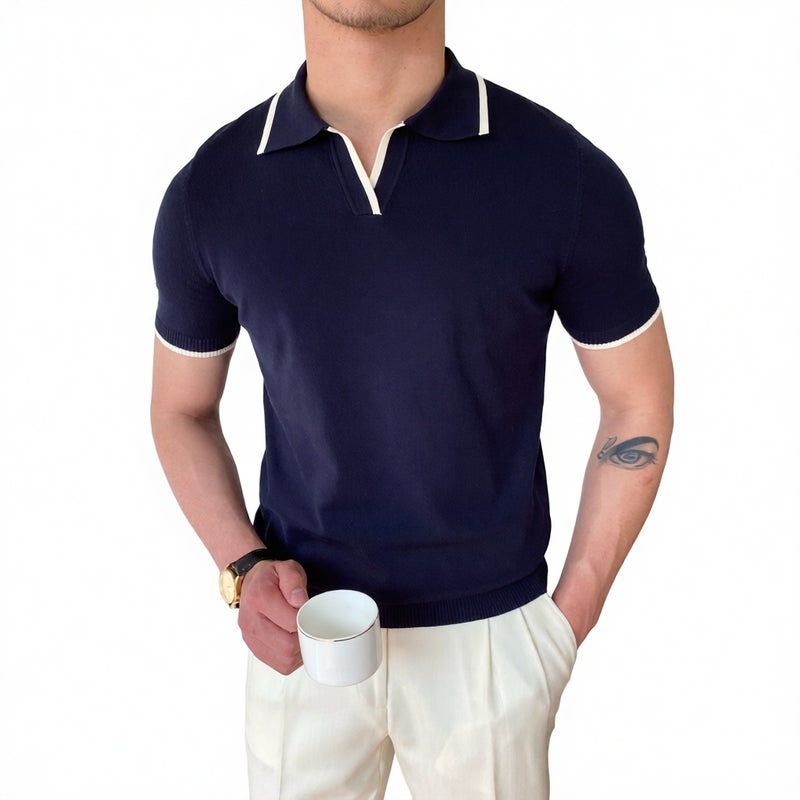 Men's Casual Knit Short Sleeve Polo Shirt with Collar, Breathable and Stretchy Fit - Image 1