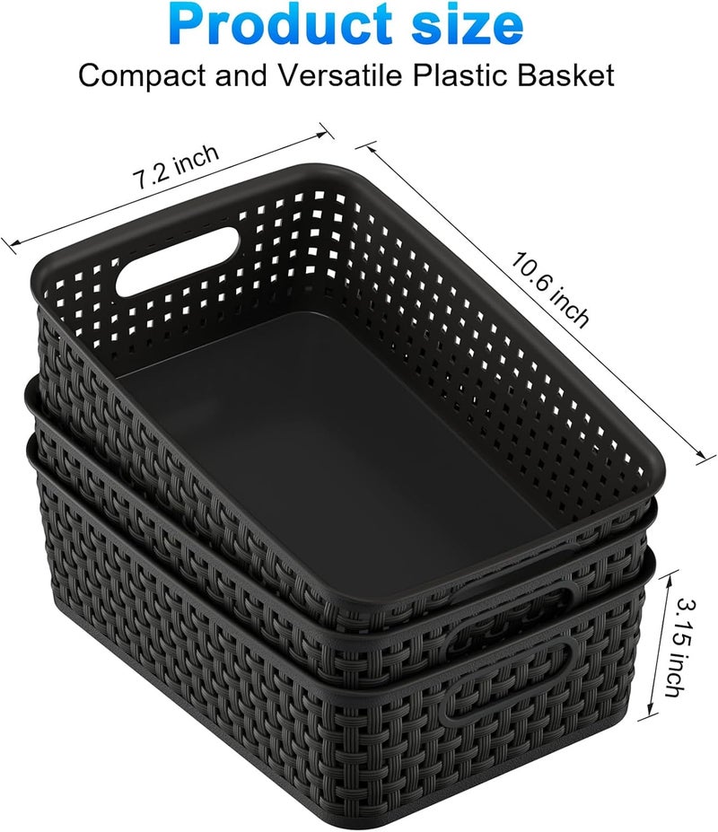 FUCDTEFC Black Plastic Basket, 8 Pack Home Organization and Storage Baskets with Handles, Space Saving Woven Organizer Bins Plastic Storage Basket for Organizing Cabinets,Closets, Shelves, Countertops - Image 3