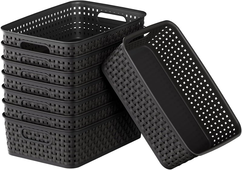FUCDTEFC Black Plastic Basket, 8 Pack Home Organization and Storage Baskets with Handles, Space Saving Woven Organizer Bins Plastic Storage Basket for Organizing Cabinets,Closets, Shelves, Countertops - Image 1