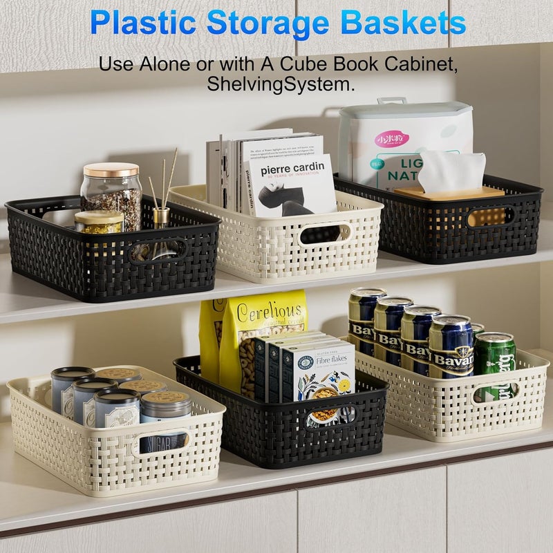 FUCDTEFC Black Plastic Basket, 8 Pack Home Organization and Storage Baskets with Handles, Space Saving Woven Organizer Bins Plastic Storage Basket for Organizing Cabinets,Closets, Shelves, Countertops - Image 4