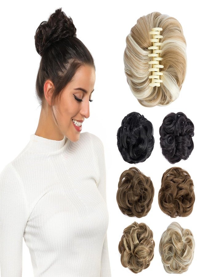 Rose bud Messy Bun Hair Pieces for Women Hair Bun Extension Dark Ash Blonde mix Bleach Blonde Bow Claw Clip Faux Hair Buns Curly - Image 1