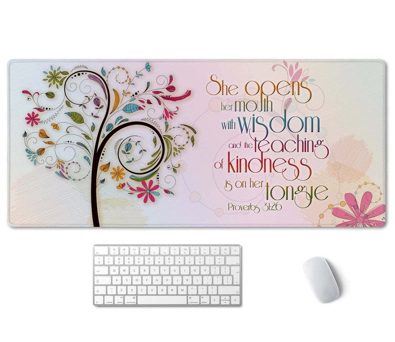 SSOIU Inspirational Christian Bible Verse Proberbs Quotes Extended Gaming Mouse Pad 35.5x15.7 in, Large Mouse Pad, She Opens Her Mouth with Wisdom and The Teaching of Kindness is on Her Tongue - Image 1