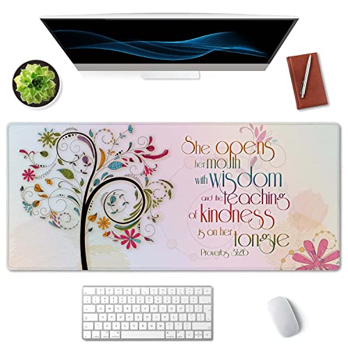 SSOIU Inspirational Christian Bible Verse Proberbs Quotes Extended Gaming Mouse Pad 35.5x15.7 in, Large Mouse Pad, She Opens Her Mouth with Wisdom and The Teaching of Kindness is on Her Tongue - Image 3
