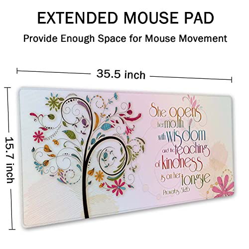 SSOIU Inspirational Christian Bible Verse Proberbs Quotes Extended Gaming Mouse Pad 35.5x15.7 in, Large Mouse Pad, She Opens Her Mouth with Wisdom and The Teaching of Kindness is on Her Tongue - Image 2