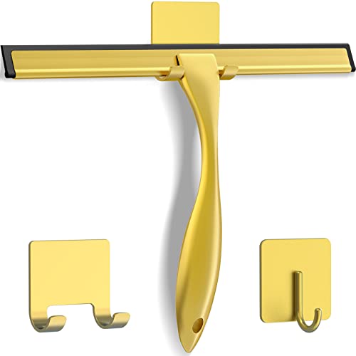 Docrok All-Purpose Stainless Steel Shower Squeegee for Shower Doors with 2 Adhesive Hooks, Bathroom Cleaner Tool Household Window Mirror Squeegee for Home Cleaning, Glass Door, Tile Wall, Car, 12 Inch Golden - Image 1