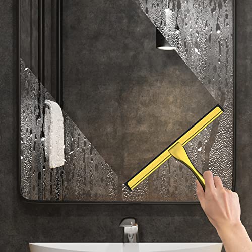 Docrok All-Purpose Stainless Steel Shower Squeegee for Shower Doors with 2 Adhesive Hooks, Bathroom Cleaner Tool Household Window Mirror Squeegee for Home Cleaning, Glass Door, Tile Wall, Car, 12 Inch Golden - Image 4