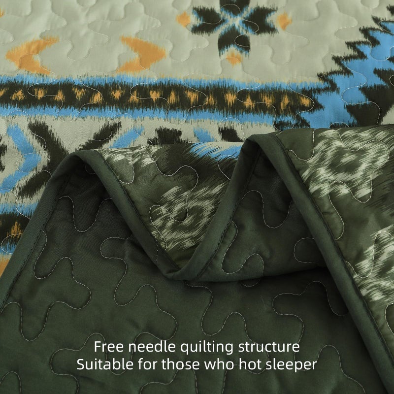 Dintszyayue Queen Size Boho Quilt Set,3 Pieces Aztec Texture Bedspread Green Coverlet Set Soft Lightweight Western Bed Cover for All Season Geometric Bedding with 2 Pillowcases(Green,96"x90") - Image 5