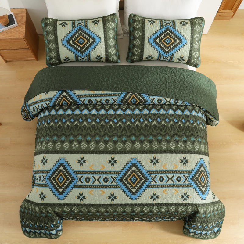 Dintszyayue Queen Size Boho Quilt Set,3 Pieces Aztec Texture Bedspread Green Coverlet Set Soft Lightweight Western Bed Cover for All Season Geometric Bedding with 2 Pillowcases(Green,96"x90") - Image 3