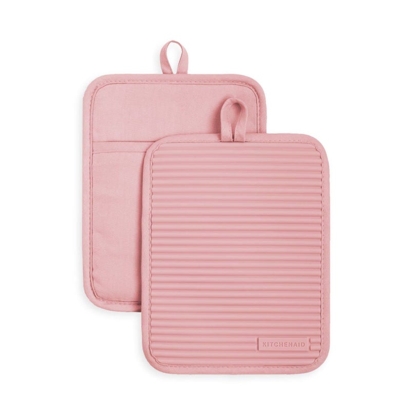 KitchenAid Ribbed Soft Silicone Pot Holder Set  Dried Rose  7""x9"" - Image 1