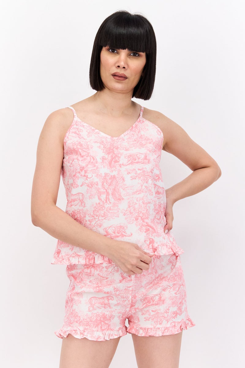 bebe Women 2 Pieces Allover Print Pajama Top And Shorts Set, Multicolor - Image 1