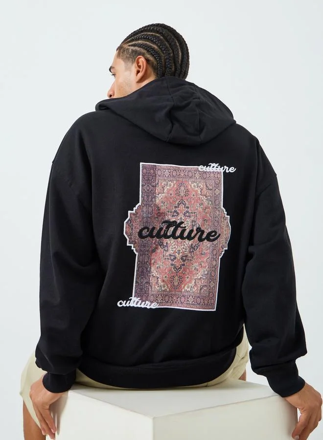Styli Men Black Embroidered Graphic Hoodie