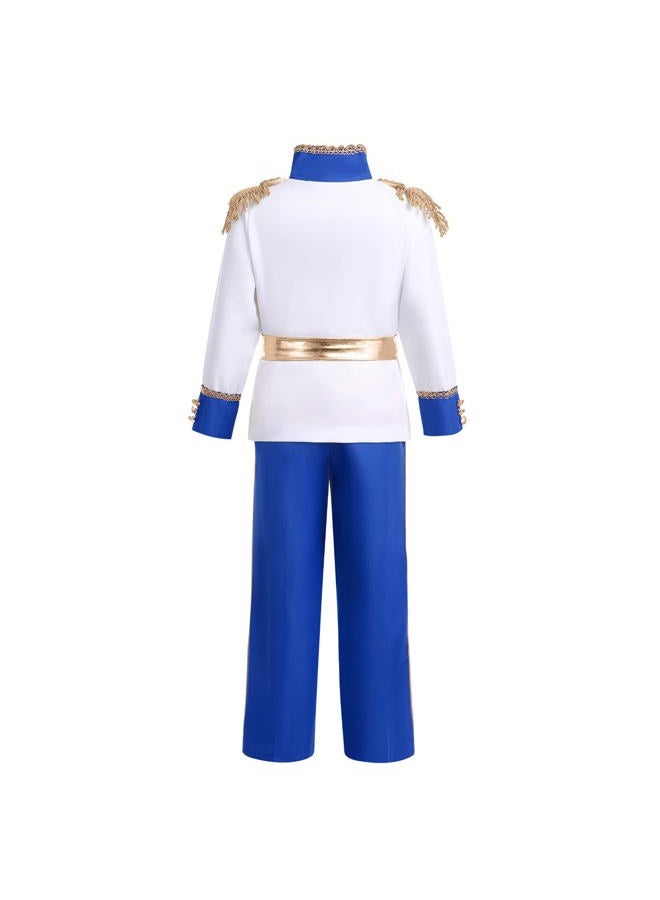 AWIBMK Prince King Charming Costume for Kids Boys Medieval Royal Prince Costume Halloween Christmas Cosplay Party Outfits Dress up Crown Truncheon Cape Belt Shoe Covers Accessories Set Royal Blue 5-7 Years - Image 2