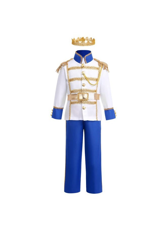 AWIBMK Prince King Charming Costume for Kids Boys Medieval Royal Prince Costume Halloween Christmas Cosplay Party Outfits Dress up Crown Truncheon Cape Belt Shoe Covers Accessories Set Royal Blue 5-7 Years - Image 1