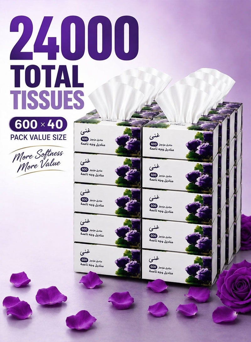 Ghena Soft Disposable Paper Tissues 600 x 40 Pack - 24000 Pcs, Flushable, Skin Friendly, Highly Absorbent - Image 1
