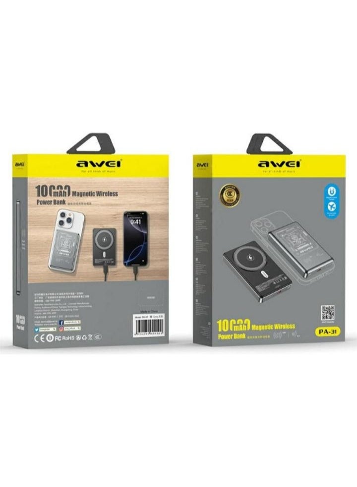 Awei 10000mAH Magnetic Wireless Power Bank - PA-31 - Grey - Image 2
