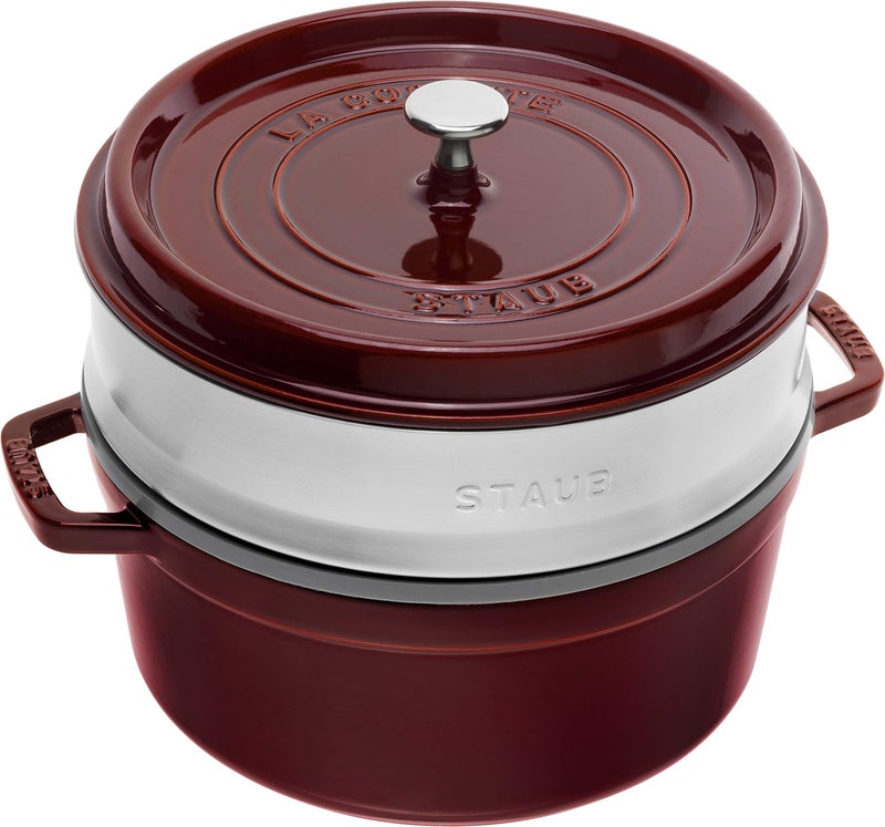 Staub 1133887 Cast Iron RoasterCocotte With Steam Insert Round 26 cm 52 L With Matte Black Enamel Inside the Pot Grenadine