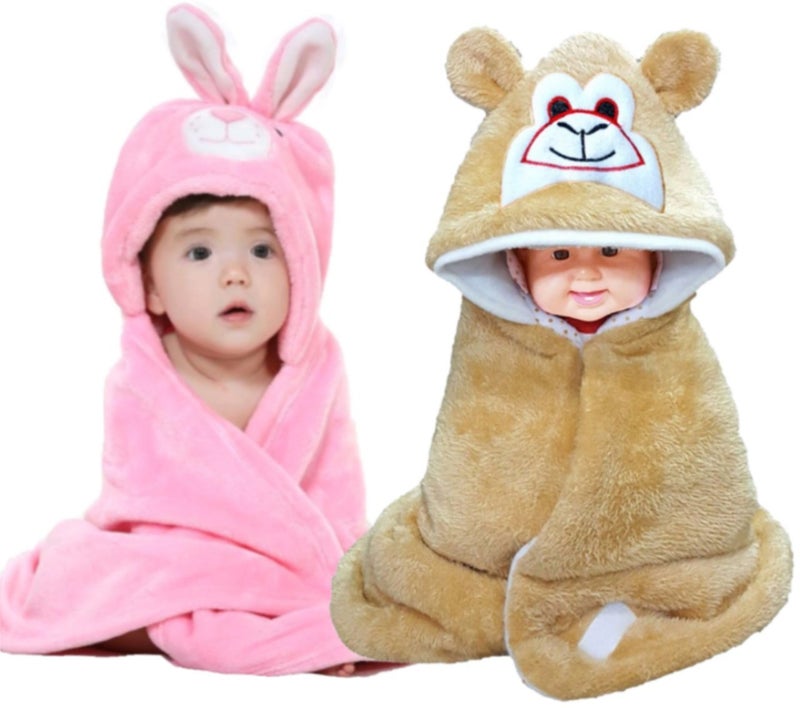 BRANDONN Newborn Combo of Furry Glacier Hooded Smily Baby Blanket and Premium Glacier Hooded Baby Wrapper(Pack of 2, Pink & Beige) - Image 1