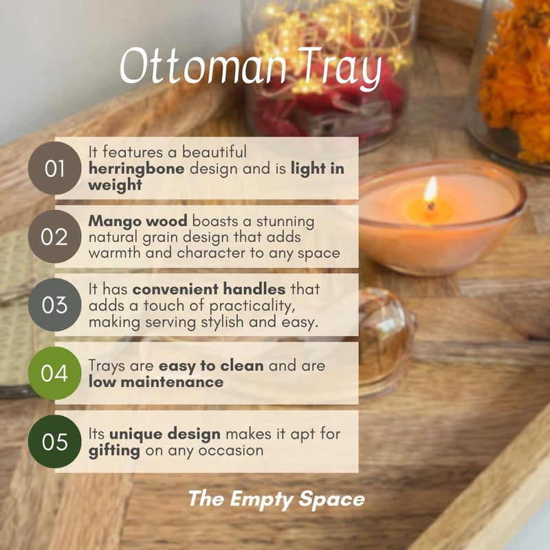 THE EMPTY SPACES طقم صينية تقديم من الخشب المانجو مكون من 2 مع مقابض، صينية فطور خشبية مستطيلة للأوتومان، المطبخ، غرفة النوم، الفطور، الحفلات، المشروبات، الوجبات الخفيفة، صينية تقديم المشروبات الكحولية - Image 2