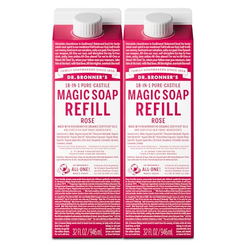 Dr. Bronner's Magic Soap-Pure-Castile Liquid Soap Refill (Rose 32 ounce, 2-Pack)-Regenerative Organic Certified Oils, For Body, Hair, Laundry, Pets & Dishes, Concentrated, Vegan, Non-GMO - Image 1