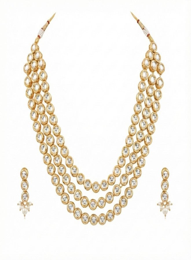 Cart Log طقم عقد ذهبي أنيق للنساء | عقد ذهبي مرصع بالألماس مع قطرات من اللؤلؤ | مجوهرات زفاف تقليدية للعروس | طقم عقد للعروس للفتيات والسيدات | عقد مع أقراط - Image 1