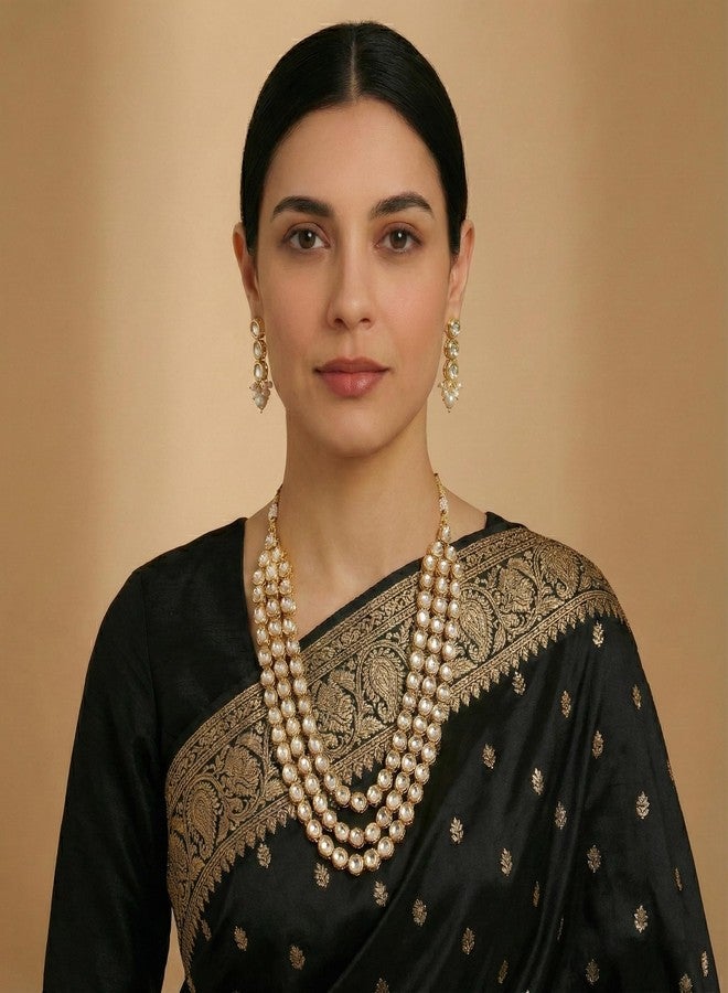 Cart Log طقم عقد ذهبي أنيق للنساء | عقد ذهبي مرصع بالألماس مع قطرات من اللؤلؤ | مجوهرات زفاف تقليدية للعروس | طقم عقد للعروس للفتيات والسيدات | عقد مع أقراط - Image 3