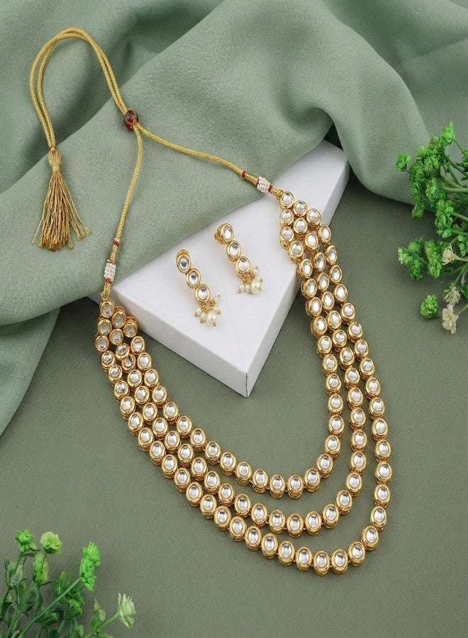 Cart Log طقم عقد ذهبي أنيق للنساء | عقد ذهبي مرصع بالألماس مع قطرات من اللؤلؤ | مجوهرات زفاف تقليدية للعروس | طقم عقد للعروس للفتيات والسيدات | عقد مع أقراط - Image 2