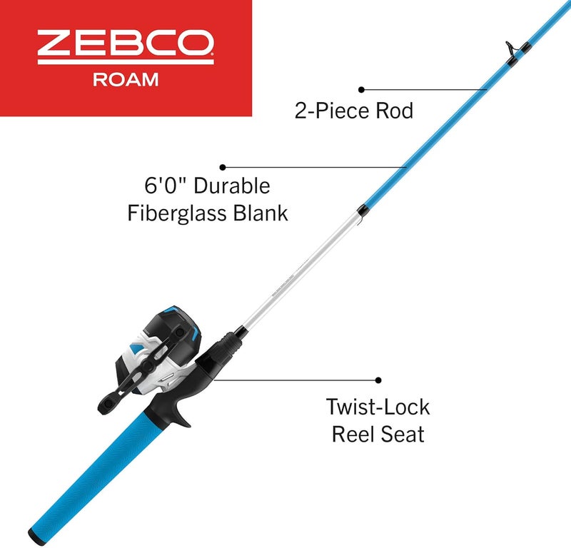 Zebco Roam Spincast Reel and Fishing Rod Combo, 6-Foot 2-Piece Fiberglass Fishing Pole with ComfortGrip Handle, Quickset Anti-Reverse Fishing Reel, Pre-Spooled with 10-Pound Line - Image 2