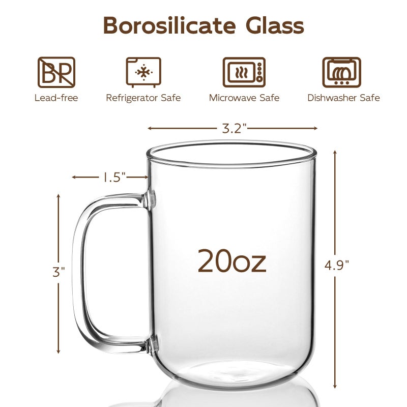 BWODYAY Glass Coffee Mugs, 20 oz Ice coffee cups, Large Clear Tea Cups Set of 2, Glass Mugs with Handles, Glass Cups for Latte, Cappuccino, and Tea - Image 3