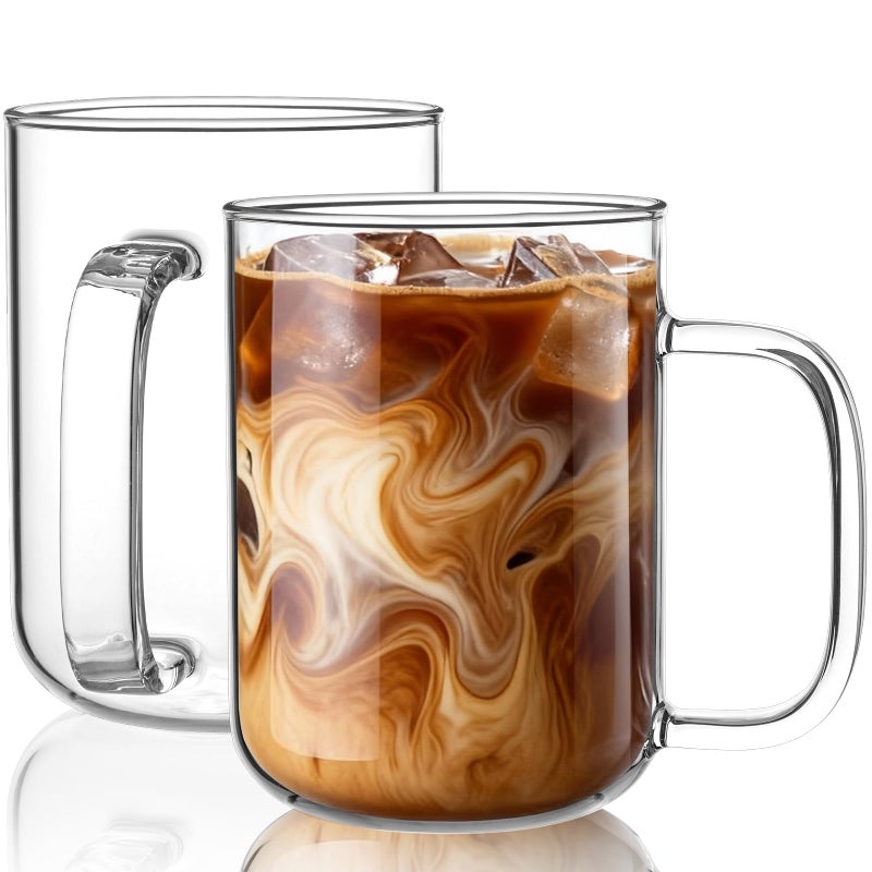 BWODYAY Glass Coffee Mugs, 20 oz Ice coffee cups, Large Clear Tea Cups Set of 2, Glass Mugs with Handles, Glass Cups for Latte, Cappuccino, and Tea - Image 1