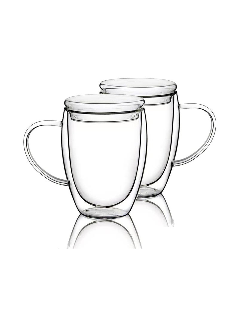 SYOSI 12 Oz Double Walled Glass Coffee Mugs, 2 Packs Clear Coffee Mugs with Lids Insulated Coffee Cups with Handle Perfect for Cappuccino,Tea,milk ,Espresso,Latte, Hot Beverage Set of 2 (Glass lid) - Image 1