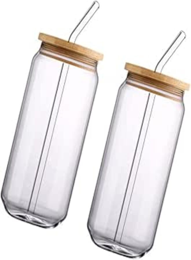 DOITOOL 2 Sets of Mason Jar with Lid and Straw Wide Mouth Mason Jar Drinking Glasses Tumbler Bubble Tea Cups Travel Glass Drinking Bottle for Iced Coffee Large Pearl Juices L