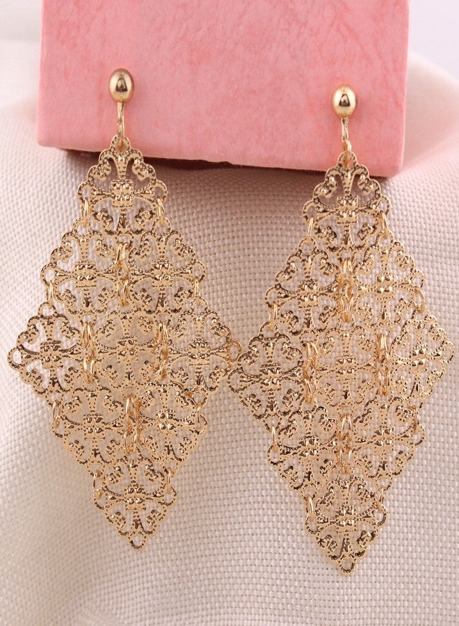 Grace Jun Handmade Gold Color Hollow-out Pattern Dangle Drop Earrings and Clip on Earrings No Pierced for Women (Clip-on) - Image 2