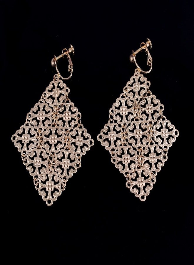 Grace Jun Handmade Gold Color Hollow-out Pattern Dangle Drop Earrings and Clip on Earrings No Pierced for Women (Clip-on) - Image 3