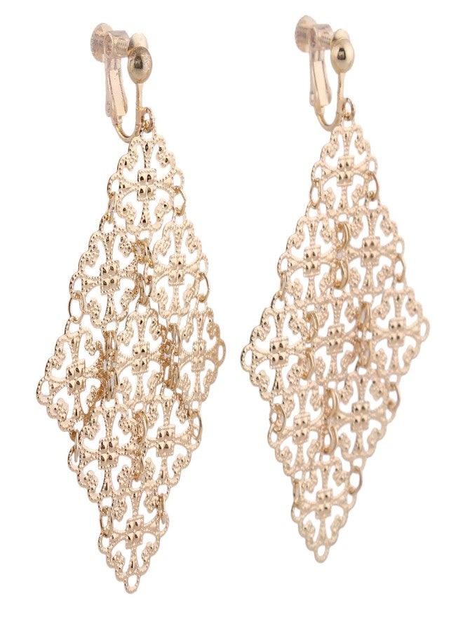 Grace Jun Handmade Gold Color Hollow-out Pattern Dangle Drop Earrings and Clip on Earrings No Pierced for Women (Clip-on) - Image 5