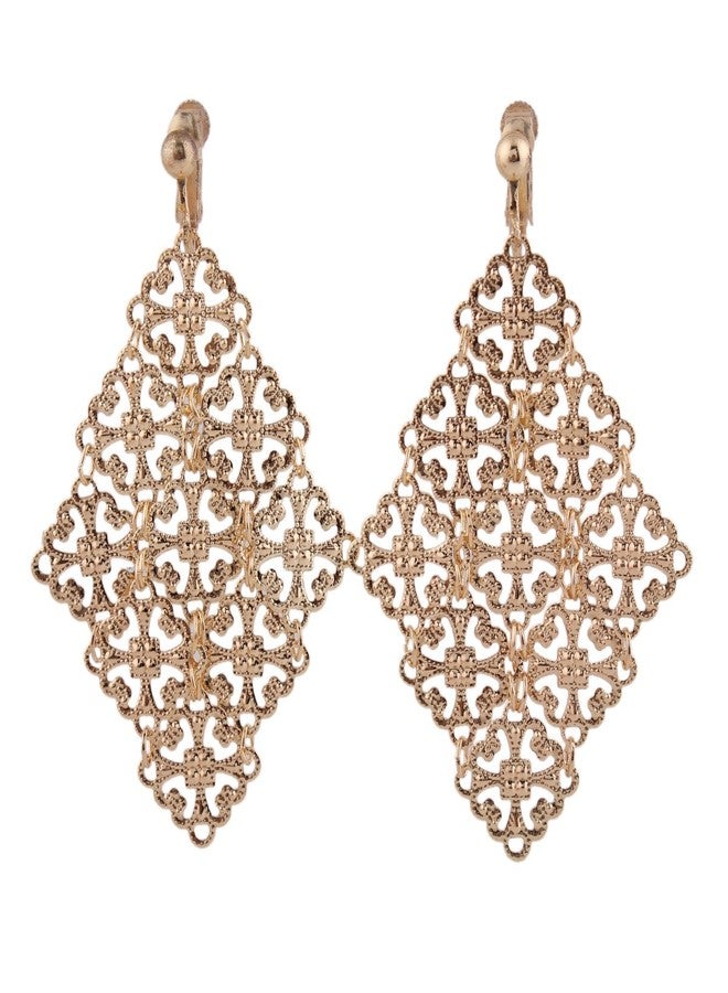 Grace Jun Handmade Gold Color Hollow-out Pattern Dangle Drop Earrings and Clip on Earrings No Pierced for Women (Clip-on) - Image 1