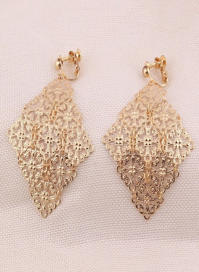 Grace Jun Handmade Gold Color Hollow-out Pattern Dangle Drop Earrings and Clip on Earrings No Pierced for Women (Clip-on) - Image 4
